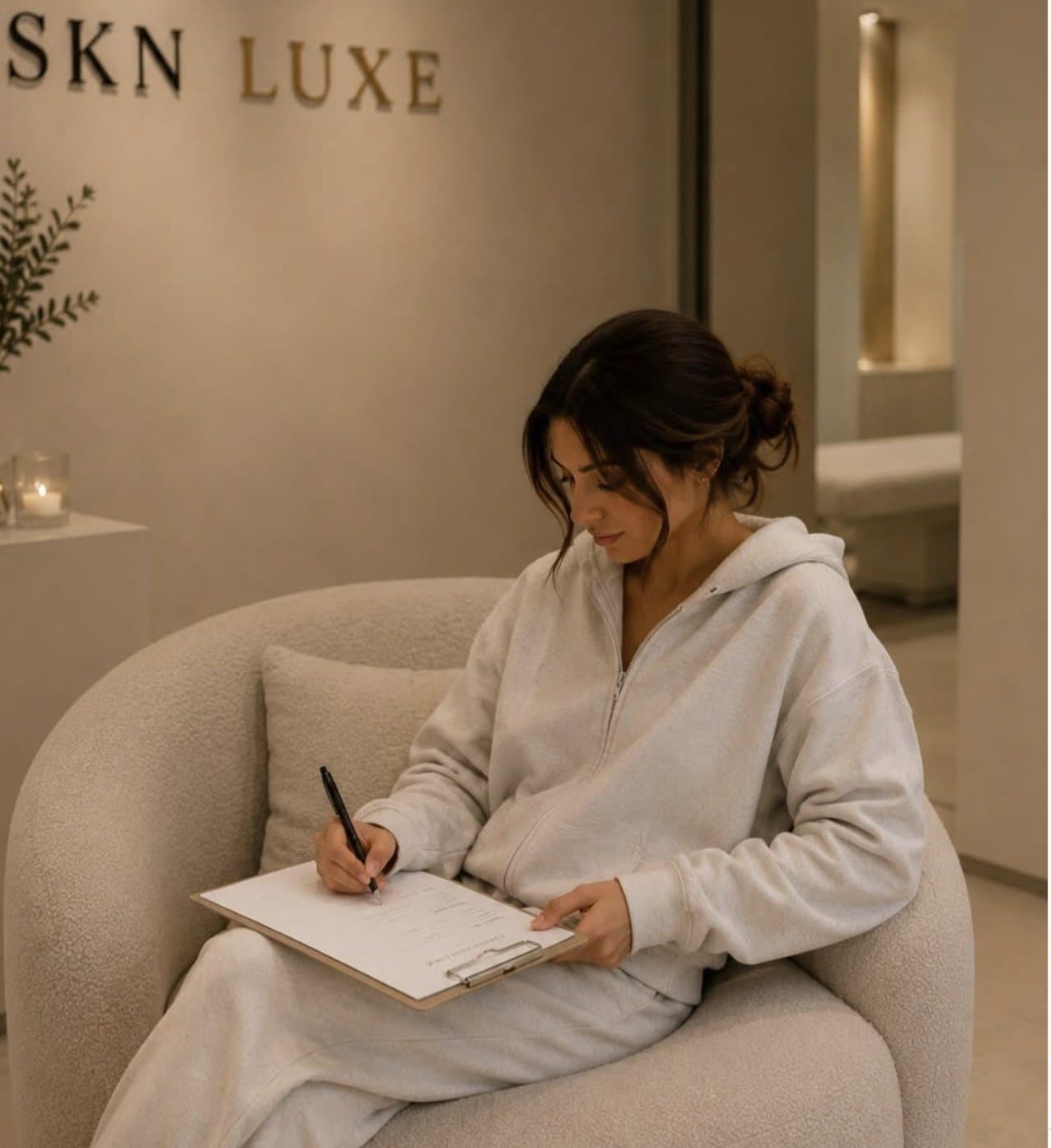 A client filling in their consultation form in the boucle chair at SKN Luxe