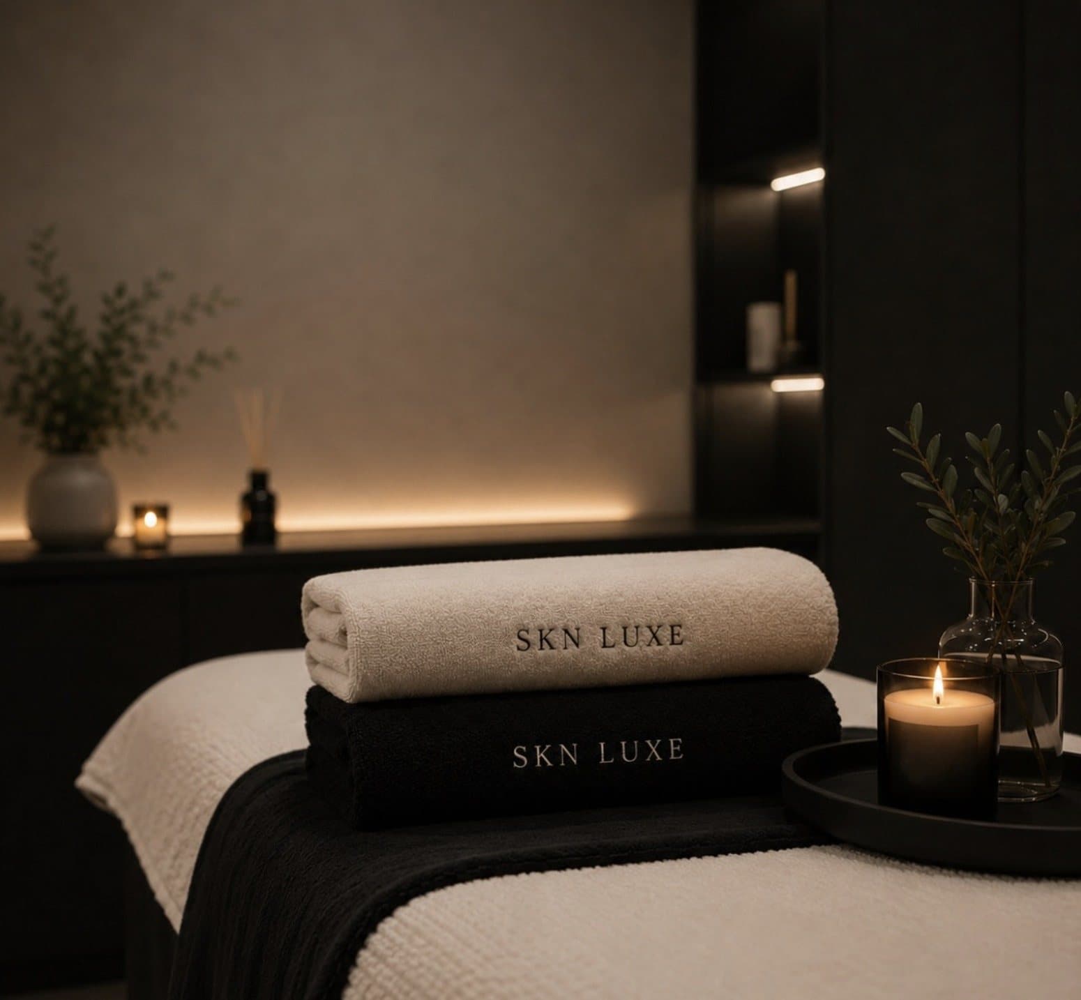 The SKN Luxe treatment room prepared with embroidered towels